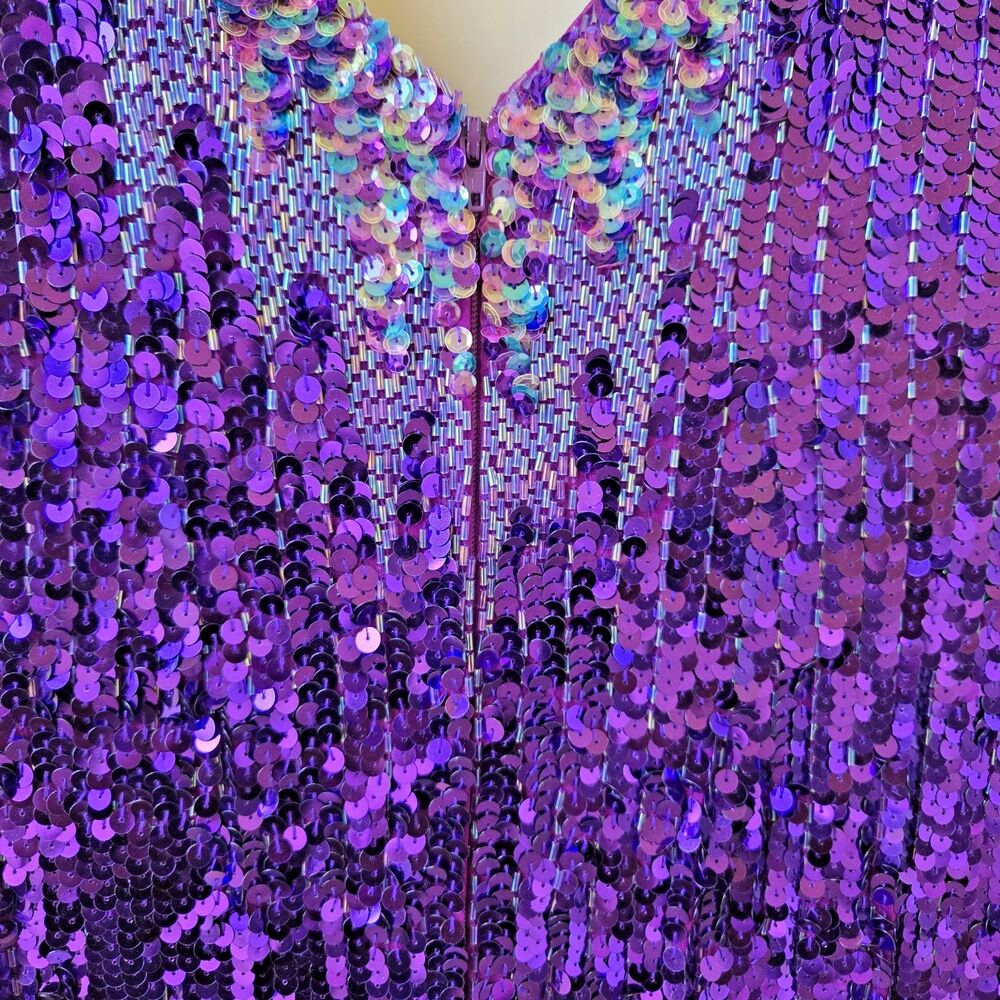 RARE CACHE Vtg 80s Purple Silk Sequin Gown Dress 10 Pageant Dynasty Angel Winged - Picture 9 of 16